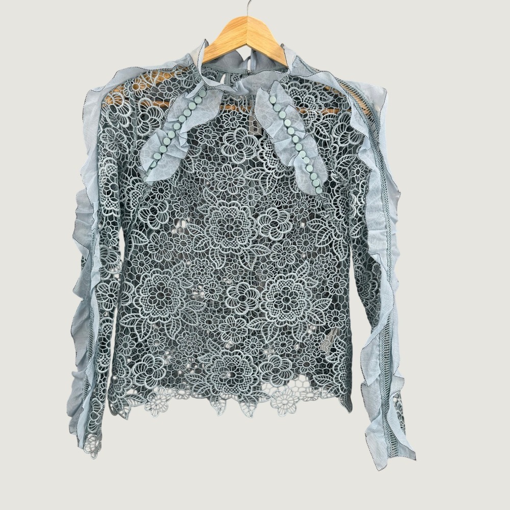 Self-Portrait Lace Blouse US Size‎ 0 Light Blue Ruffle Trim Button Detail